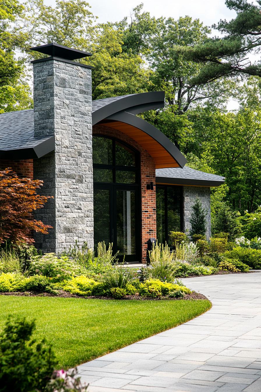 Stone house with curved roof and lush garden