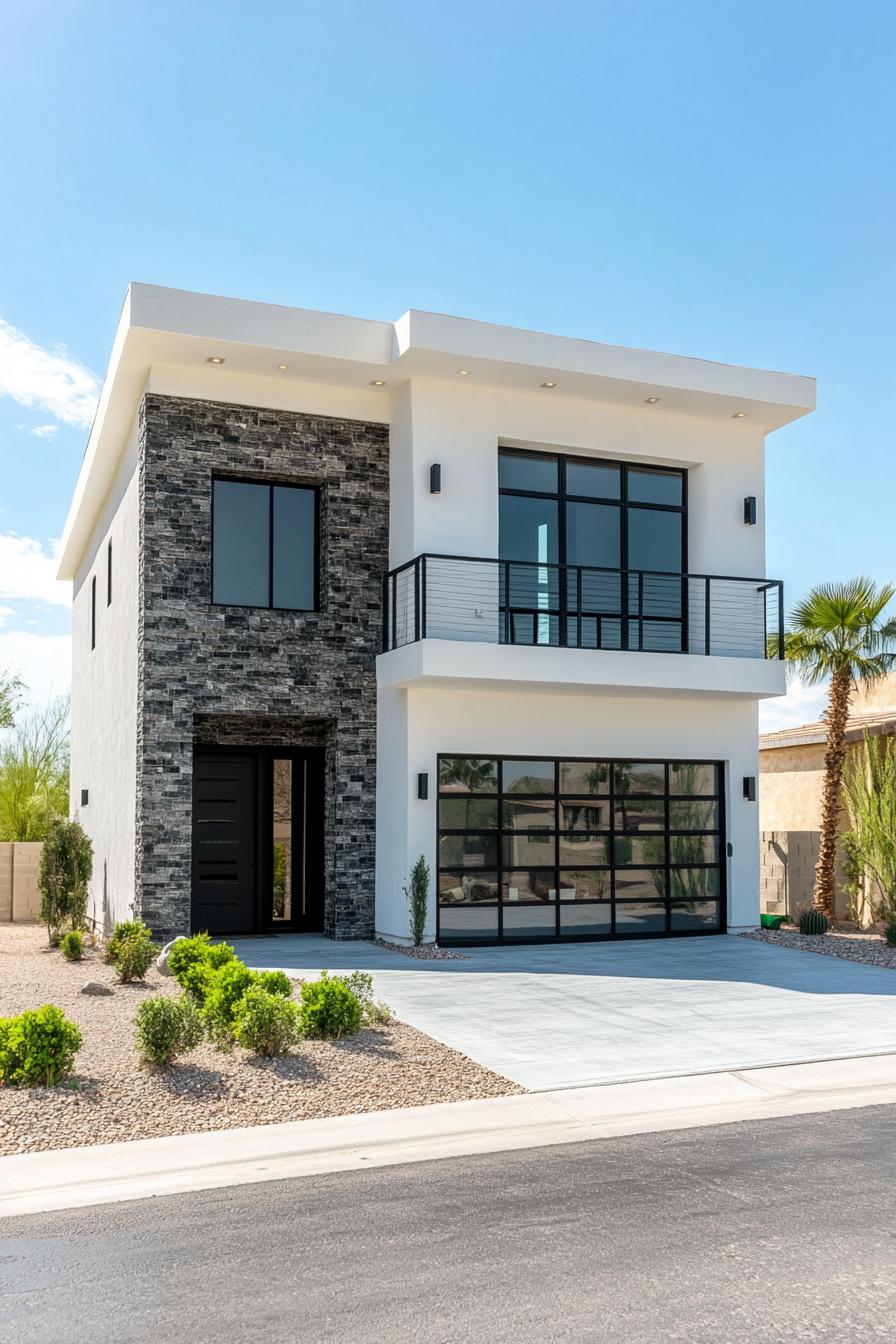 Modern house with stone facade and large windows