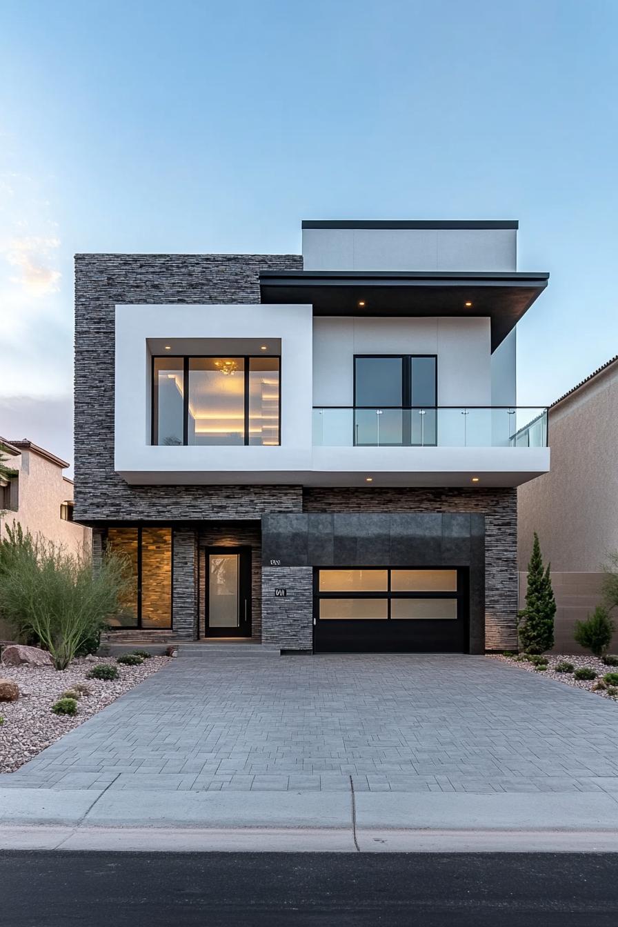 Modern two-story house with stone and glass facade