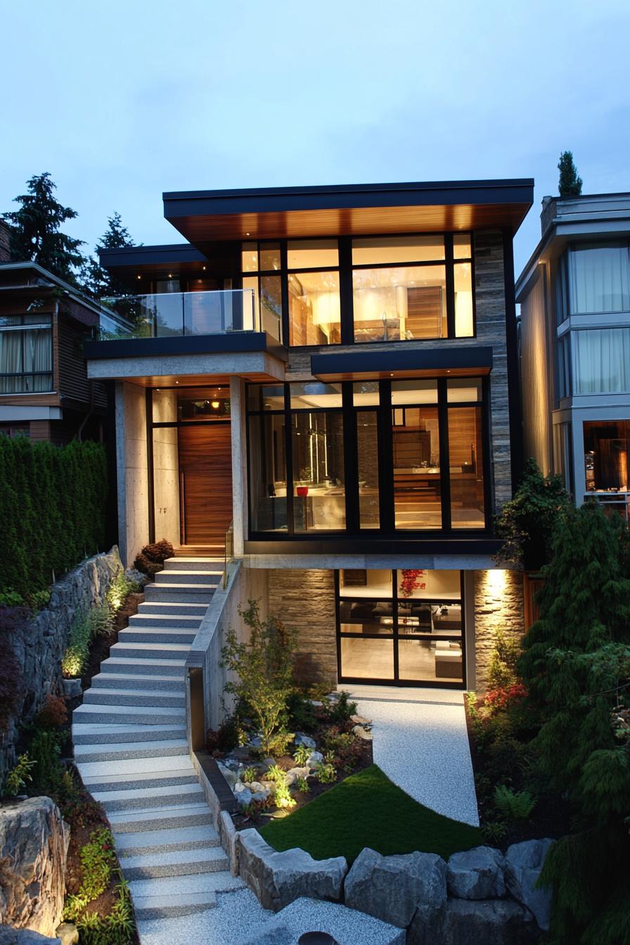 Striking modern villa with glass facade and stone accents