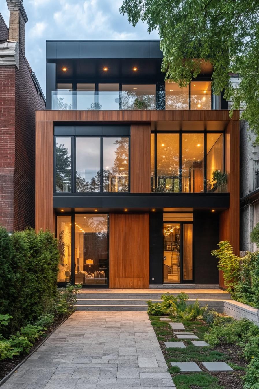 Modern urban house with large windows and wooden accents