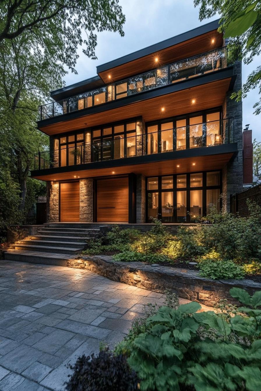 Modern three-story house with glowing windows and stone accents