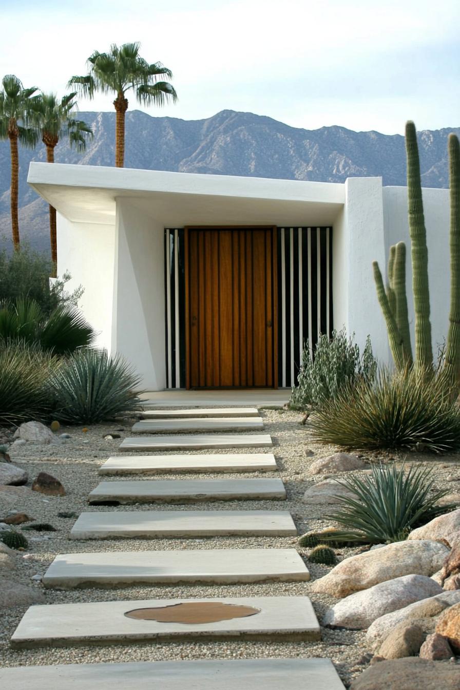 Sleek modern house with desert landscaping and mountain backdrop