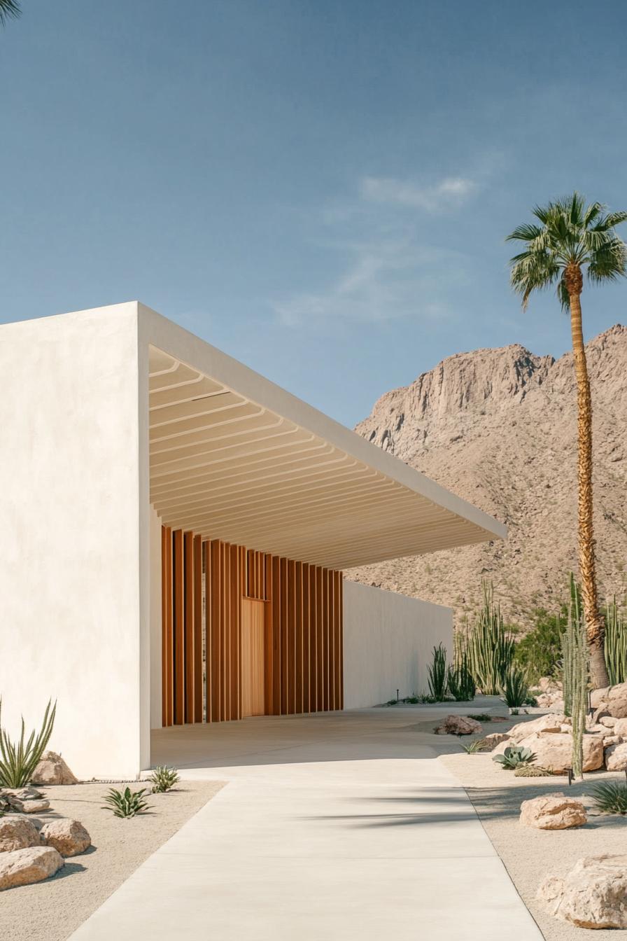 Modern house in desert with mountain backdrop