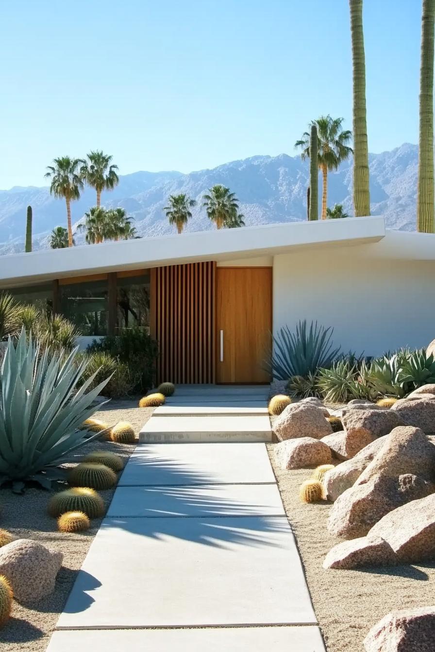 Mid-century modern house with desert landscaping and mountain views