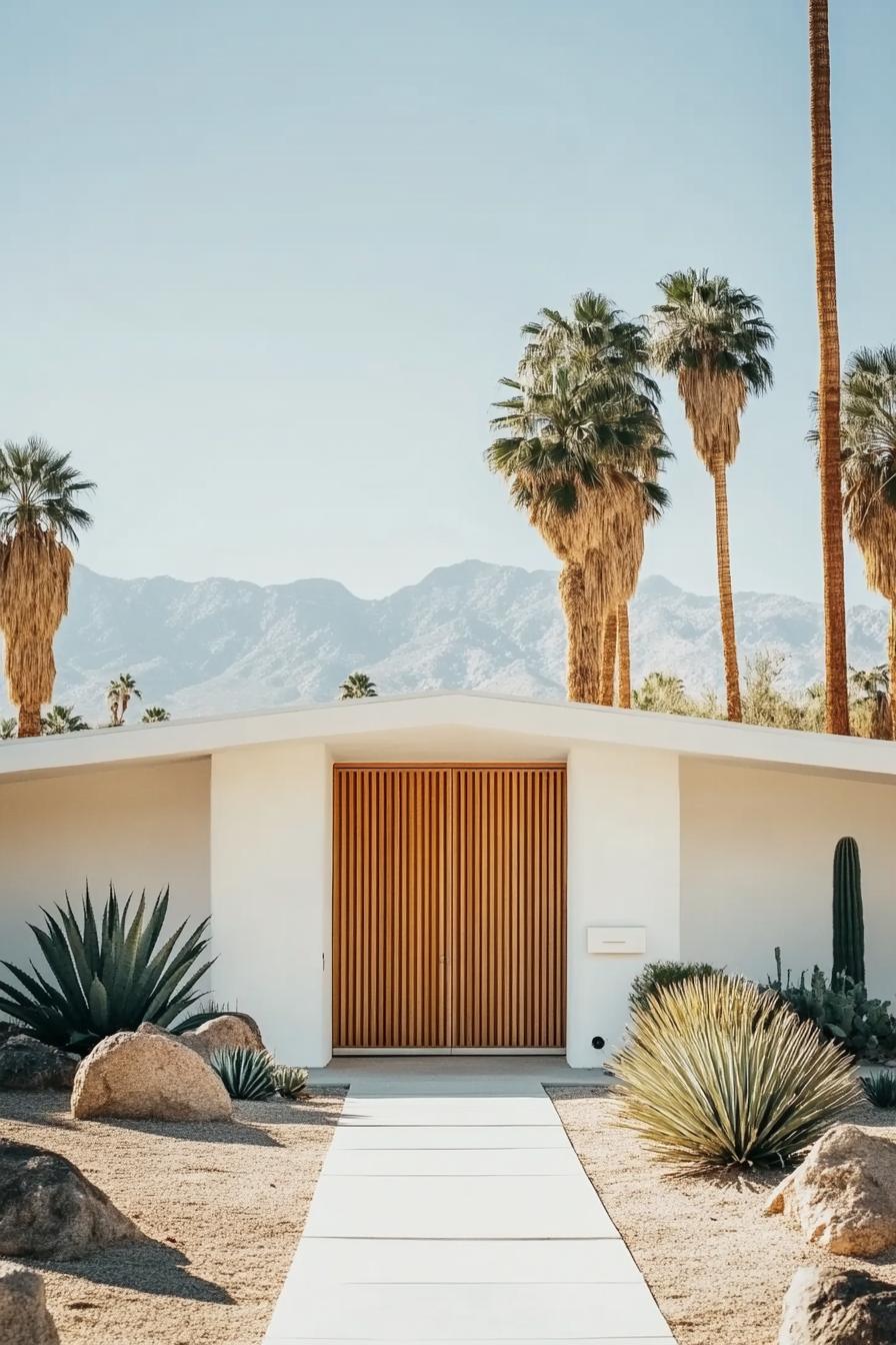 Mid-century modern house with cacti and palm trees