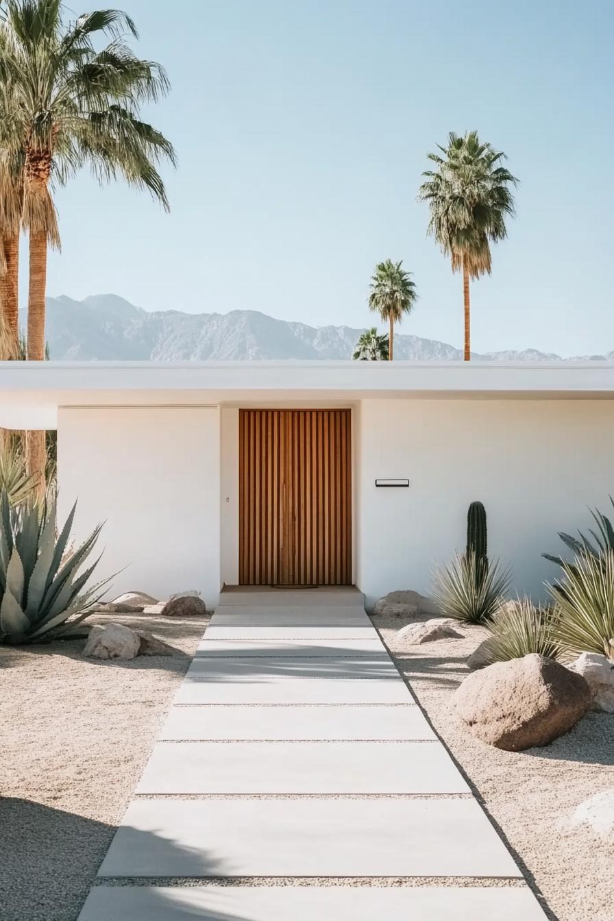 Mid-century modern house with palm trees and mountains