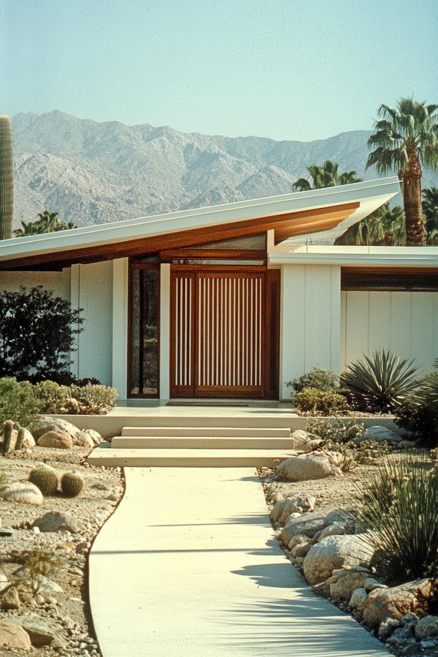 Mid-century modern house with slanted roof and wooden entryway