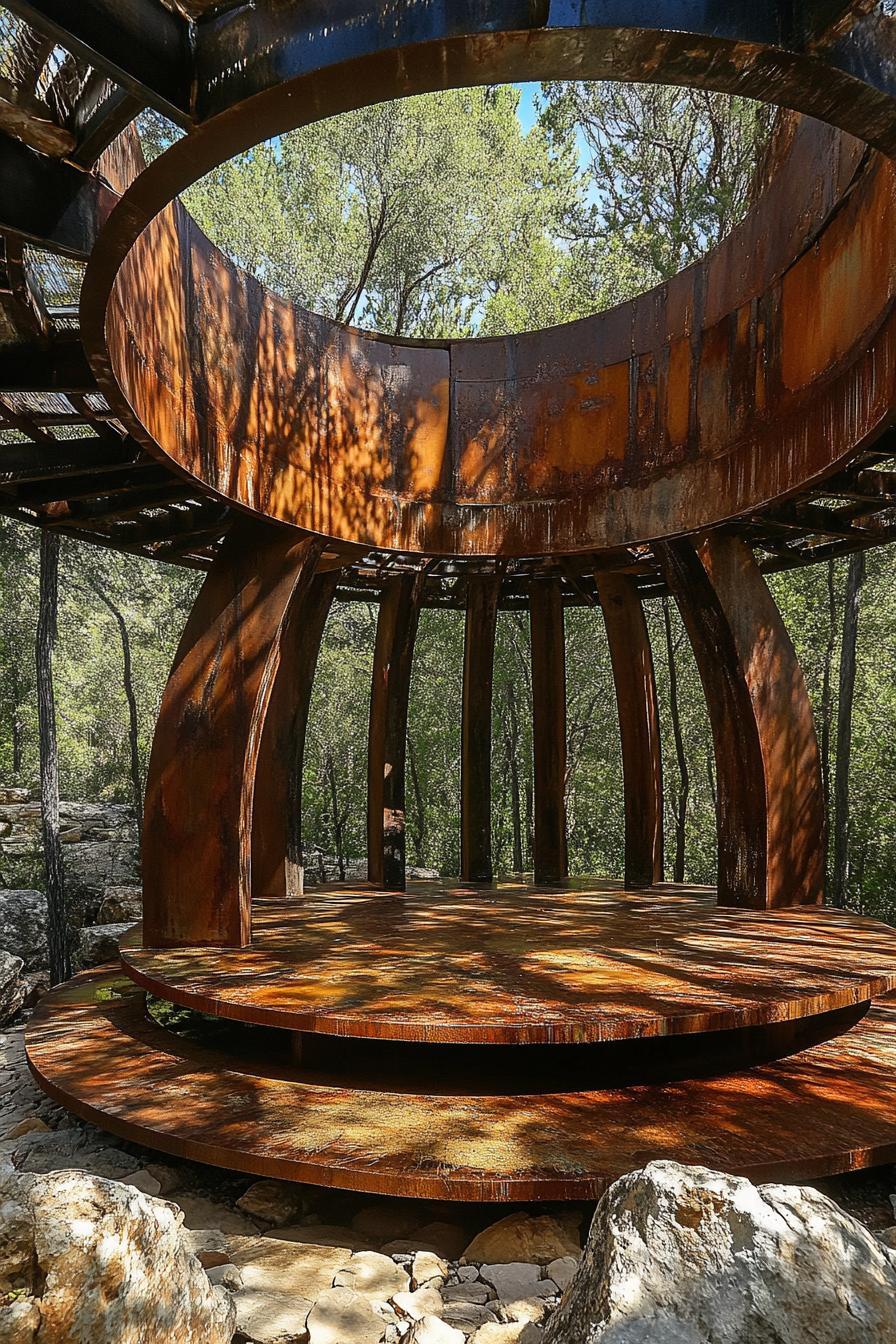 Circular pavilion with rusted metal and shadow play