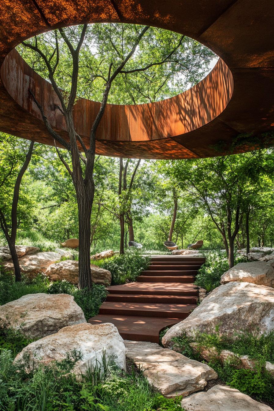 Open circular pavilion with trees centered within