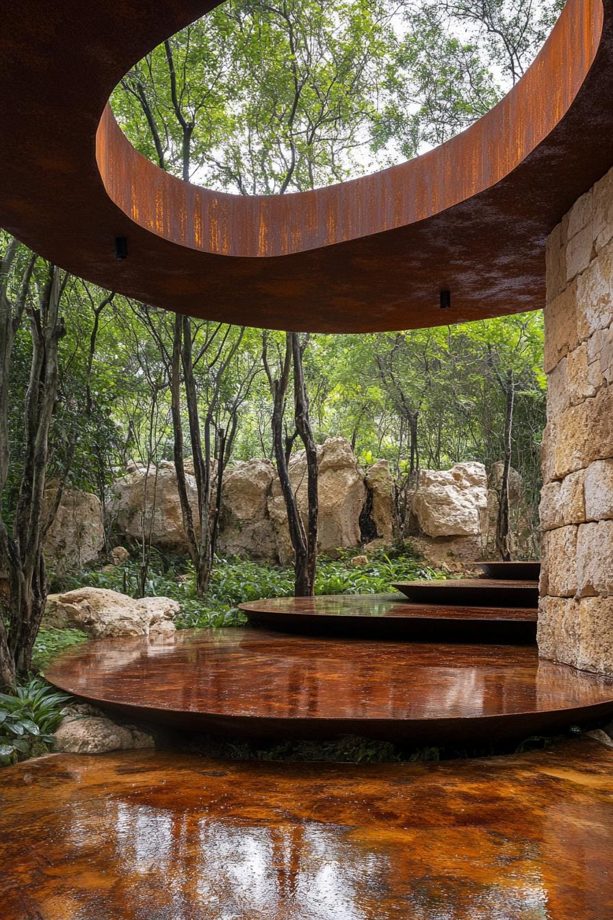 Circular pavilion with rusty texture in a forest setting