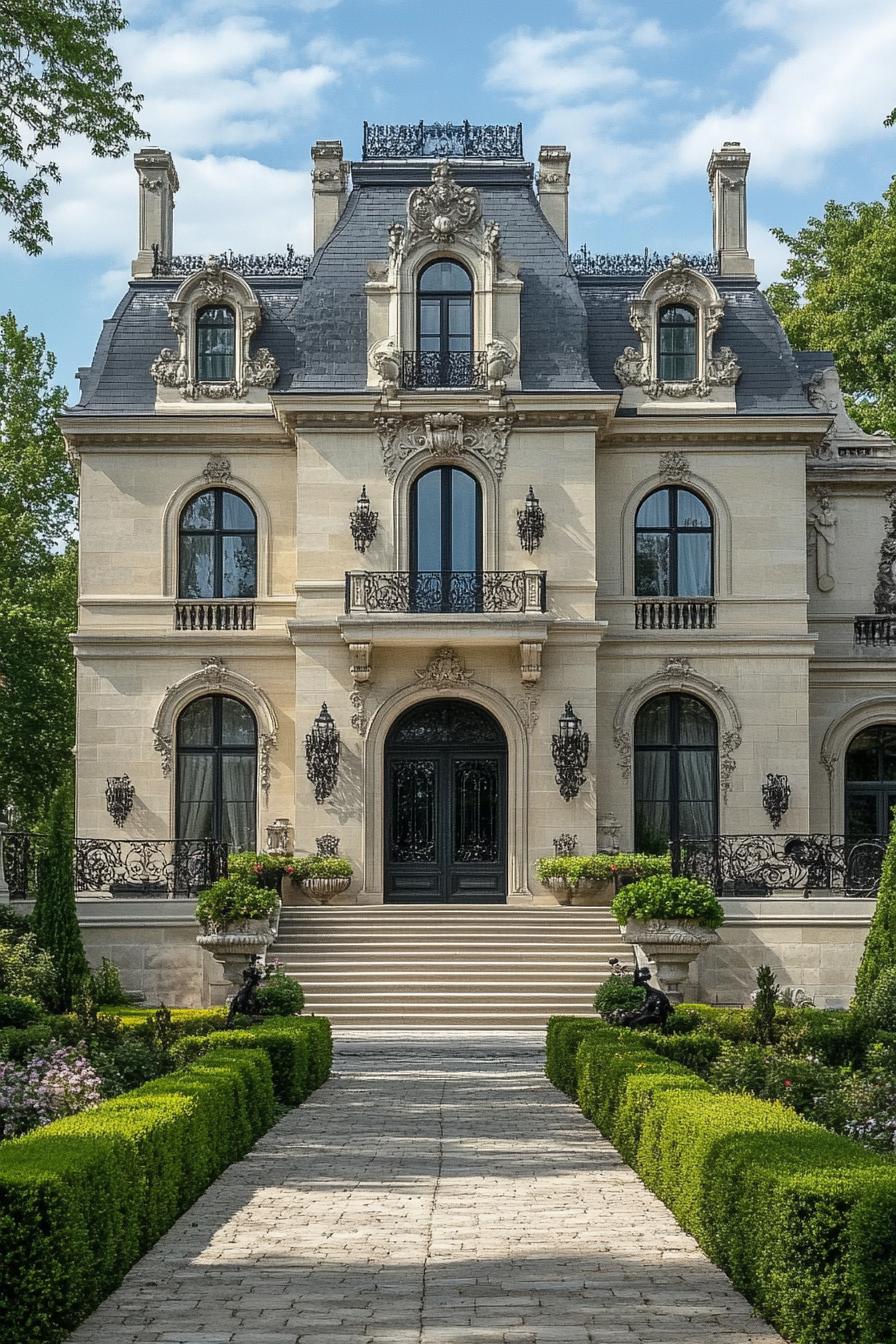 Mansion with manicured path and intricate facade