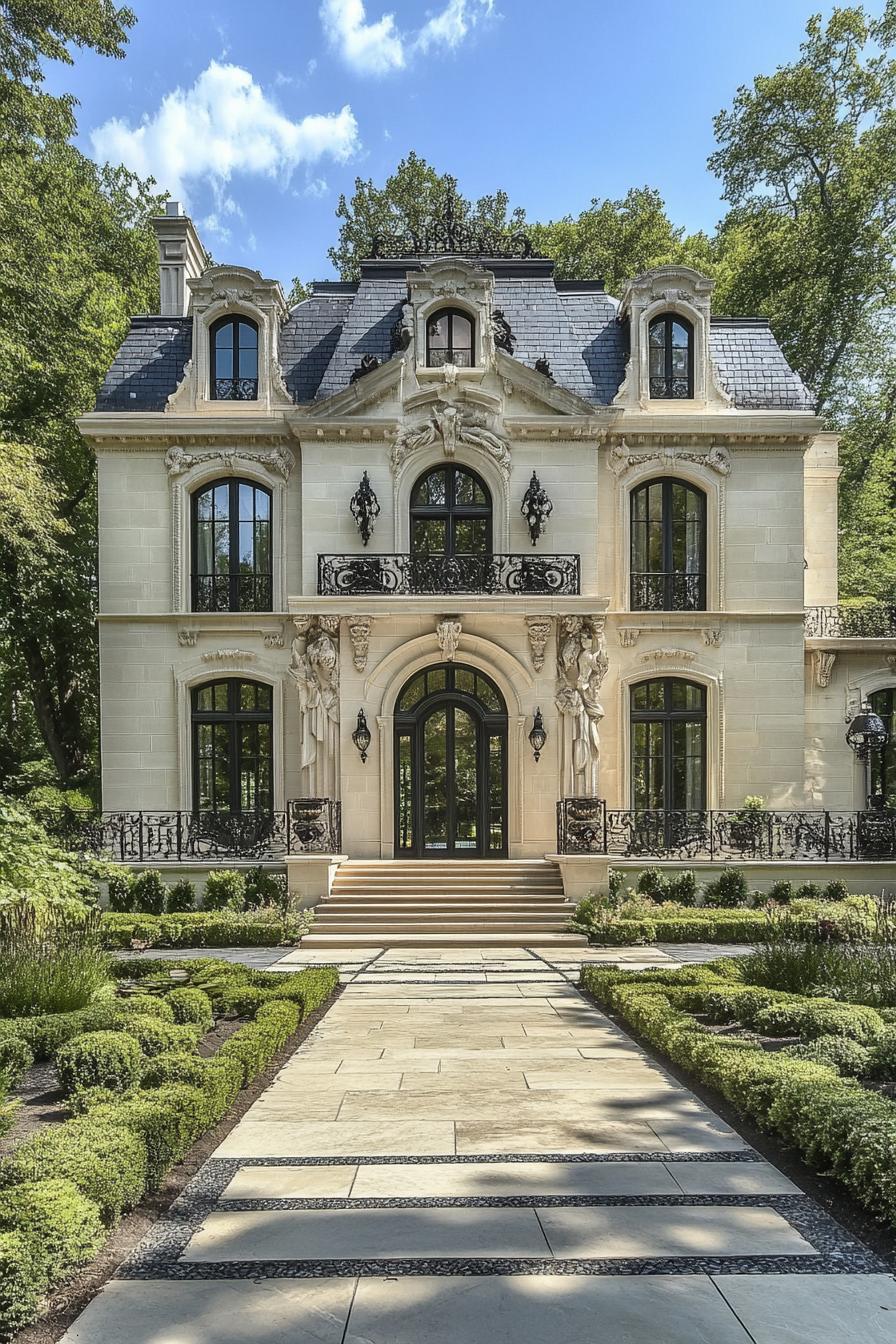 Majestic mansion facade with elegant pathway