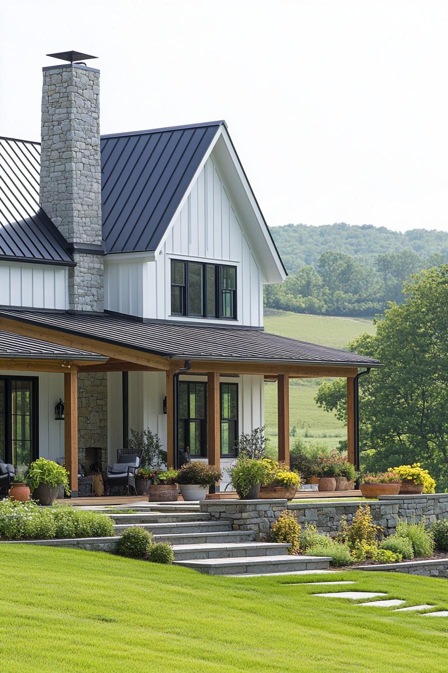 Modern farmhouse with stone chimney and sleek roof