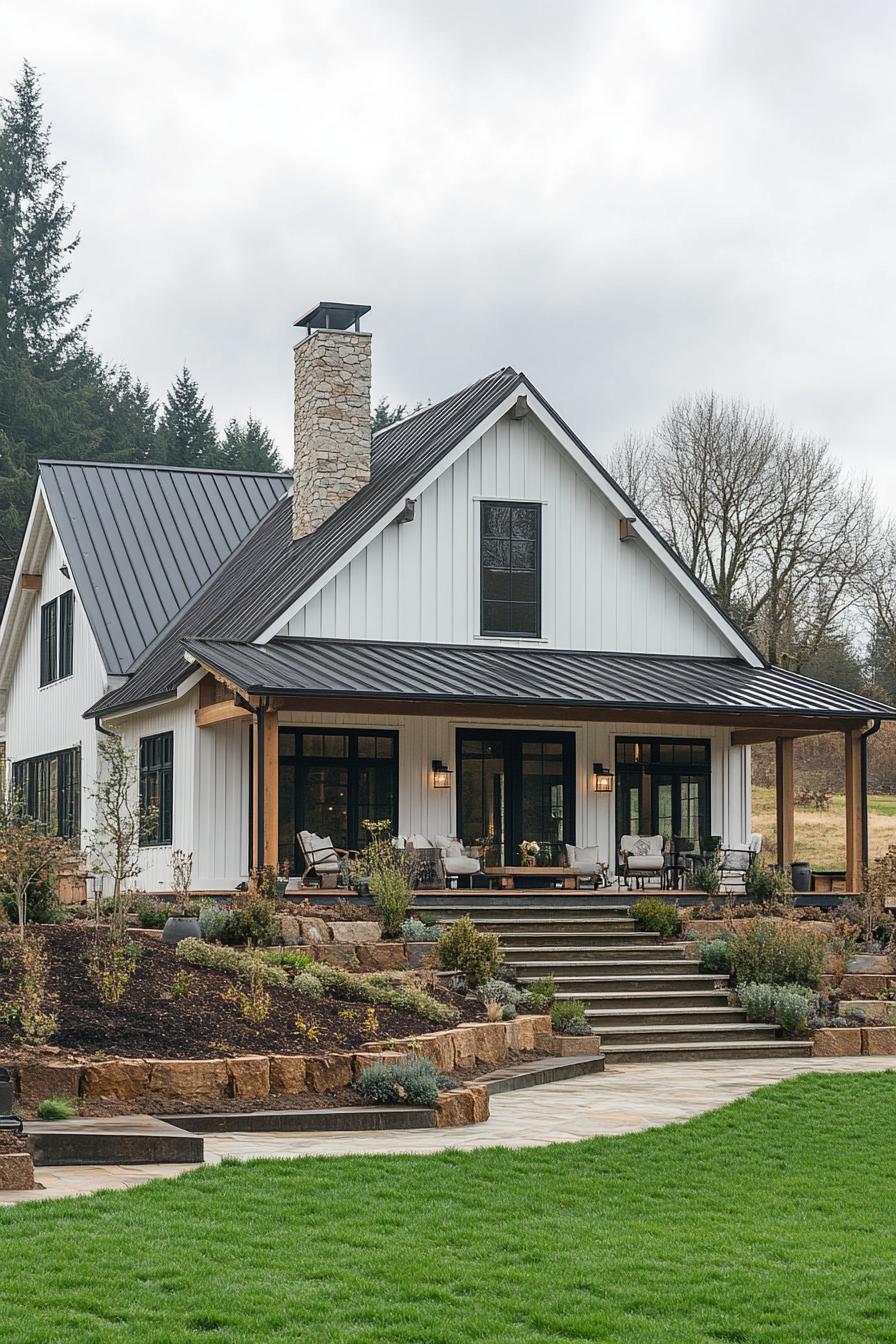 Modern farmhouse with lush garden and sleek lines