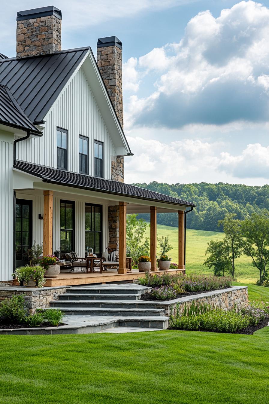 White farmhouse with stone accents and a porch