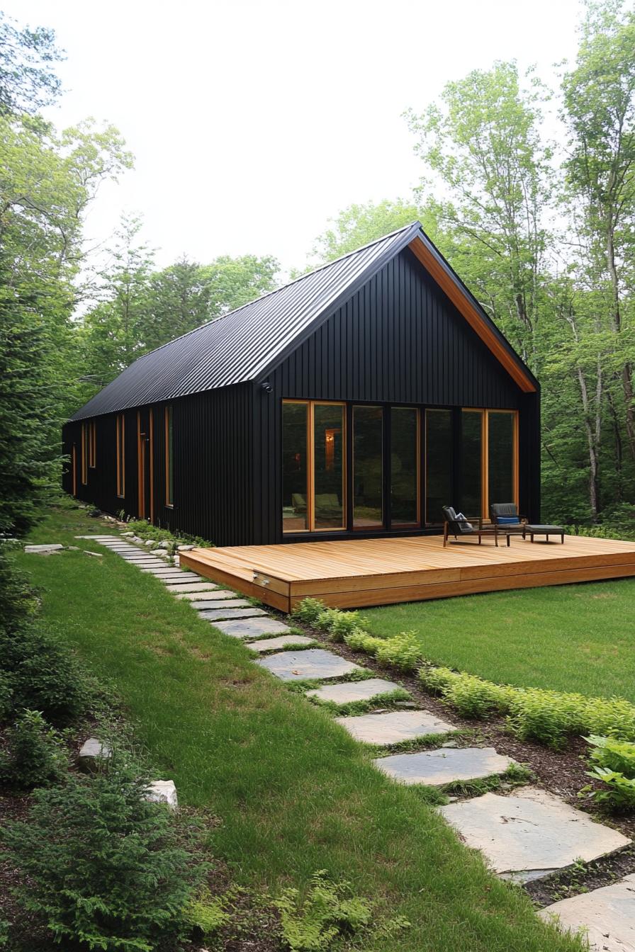 Modern long house with black siding and wooden deck