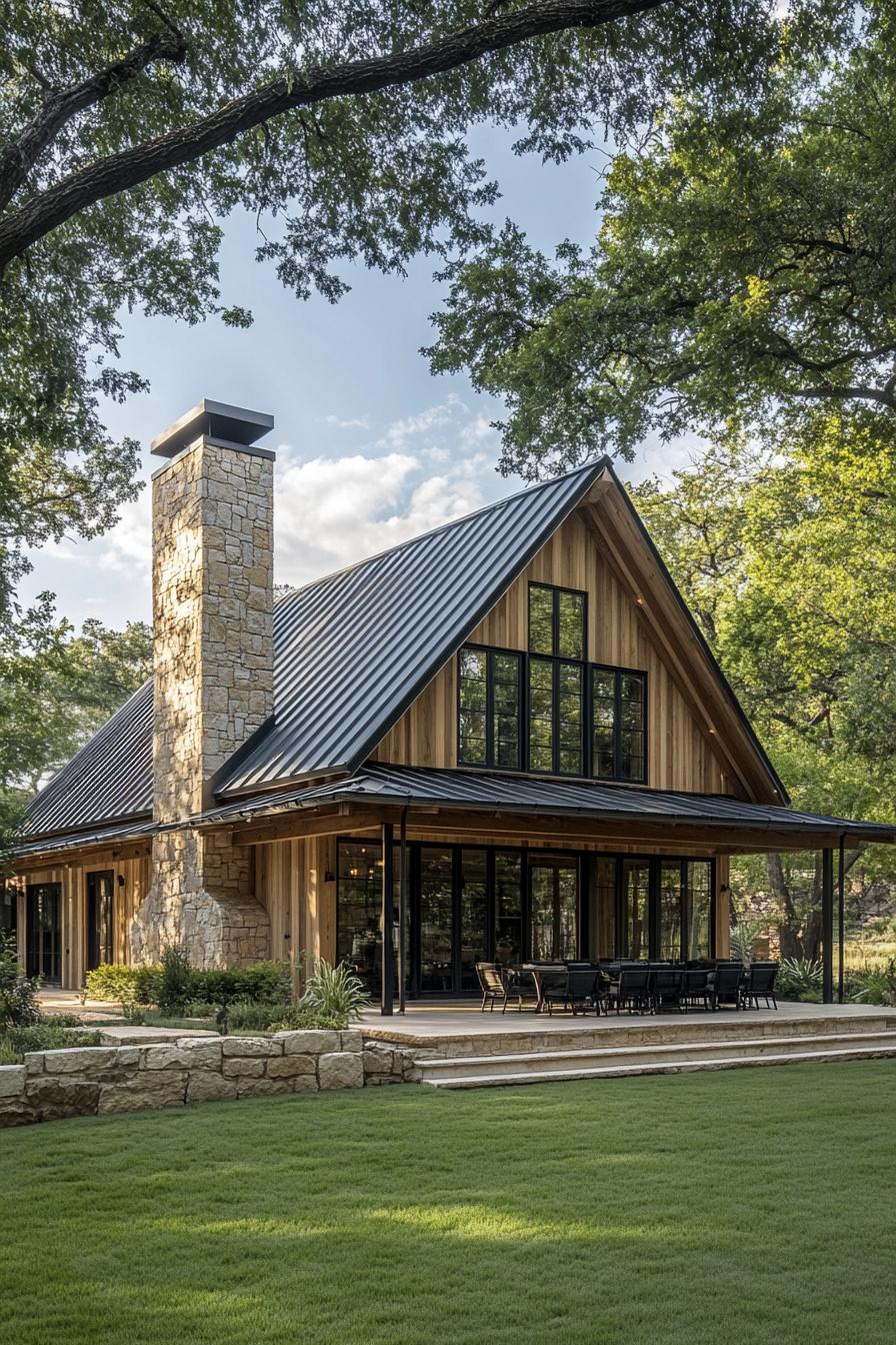 Charming barndominium with glass and wood accents nestled among trees