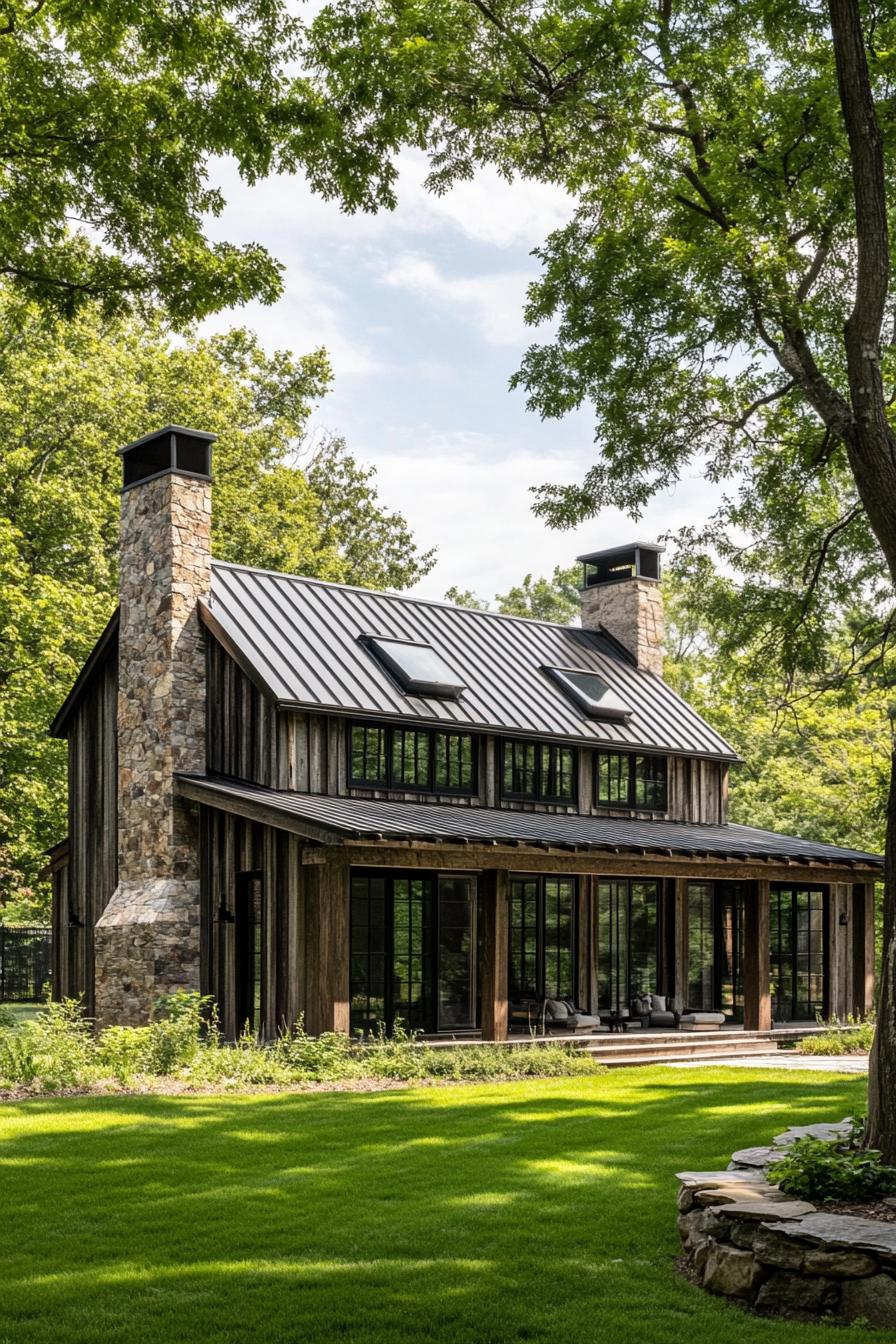 Wooden house with stone chimneys surrounded by trees