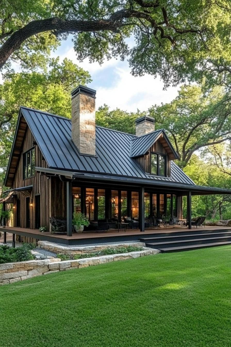 Charming wooden house with large windows and a metal roof