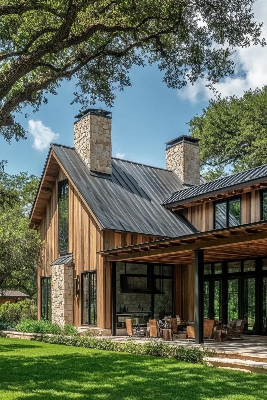 Wooden barndominium with stone chimneys and large patio