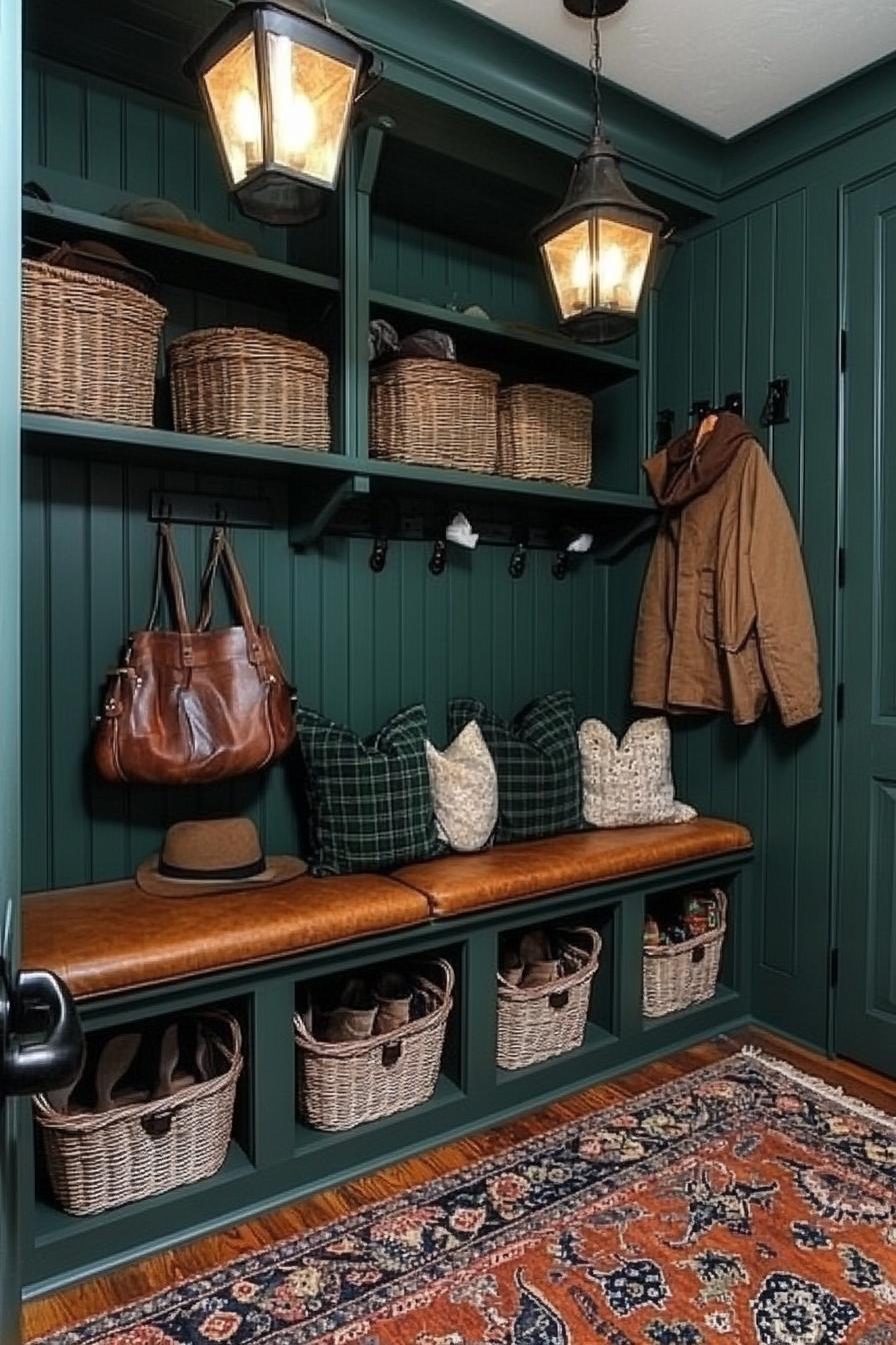 Cozy mudroom with baskets and cushioned seating