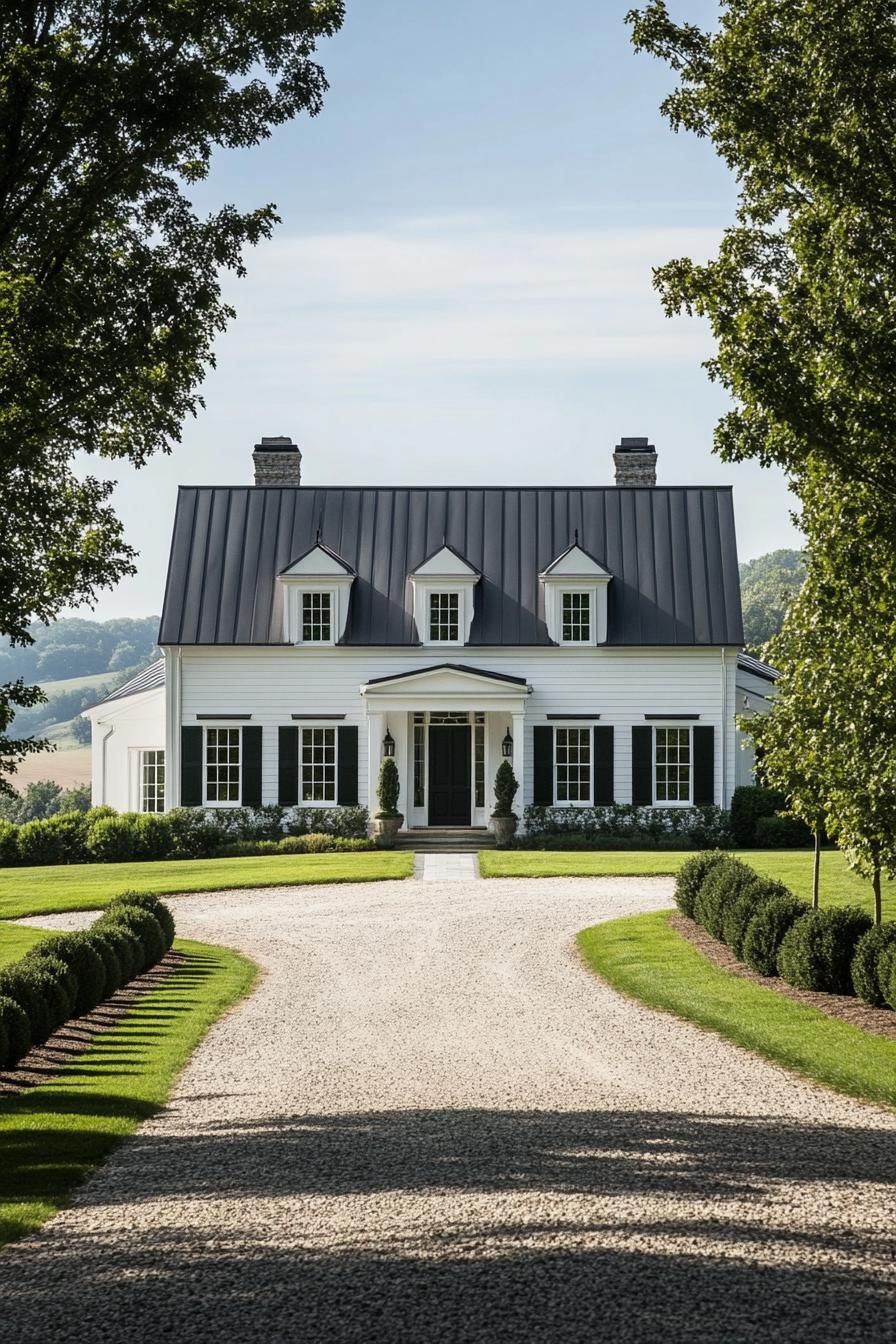 White country house with dark roof and green shutters