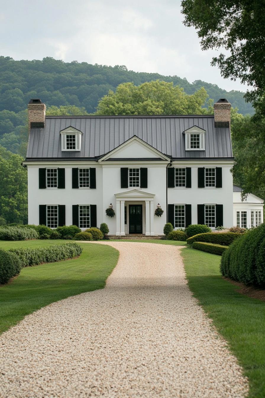 Stately white house with black shutters and gravel driveway