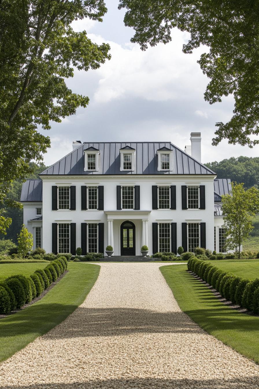 Grand white house with black shutters and gravel driveway framed by trees