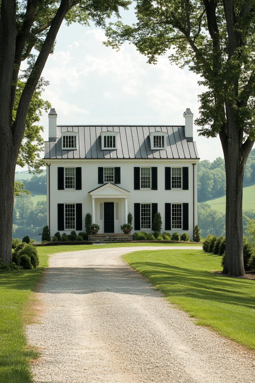 Grand white house with a tree-lined driveway