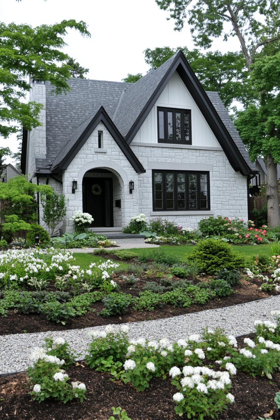 Charming stone house with lush garden in full bloom