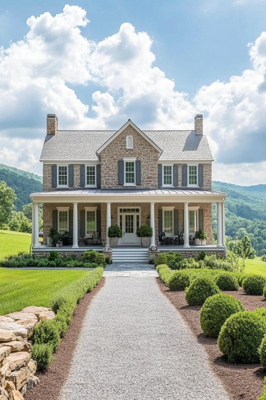 Stone house with columns and lush shrubbery