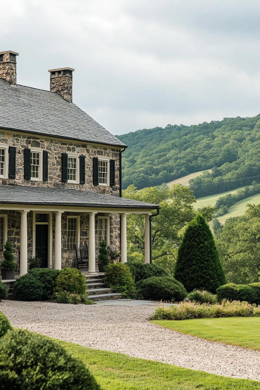 Stone house with porch and mountain view