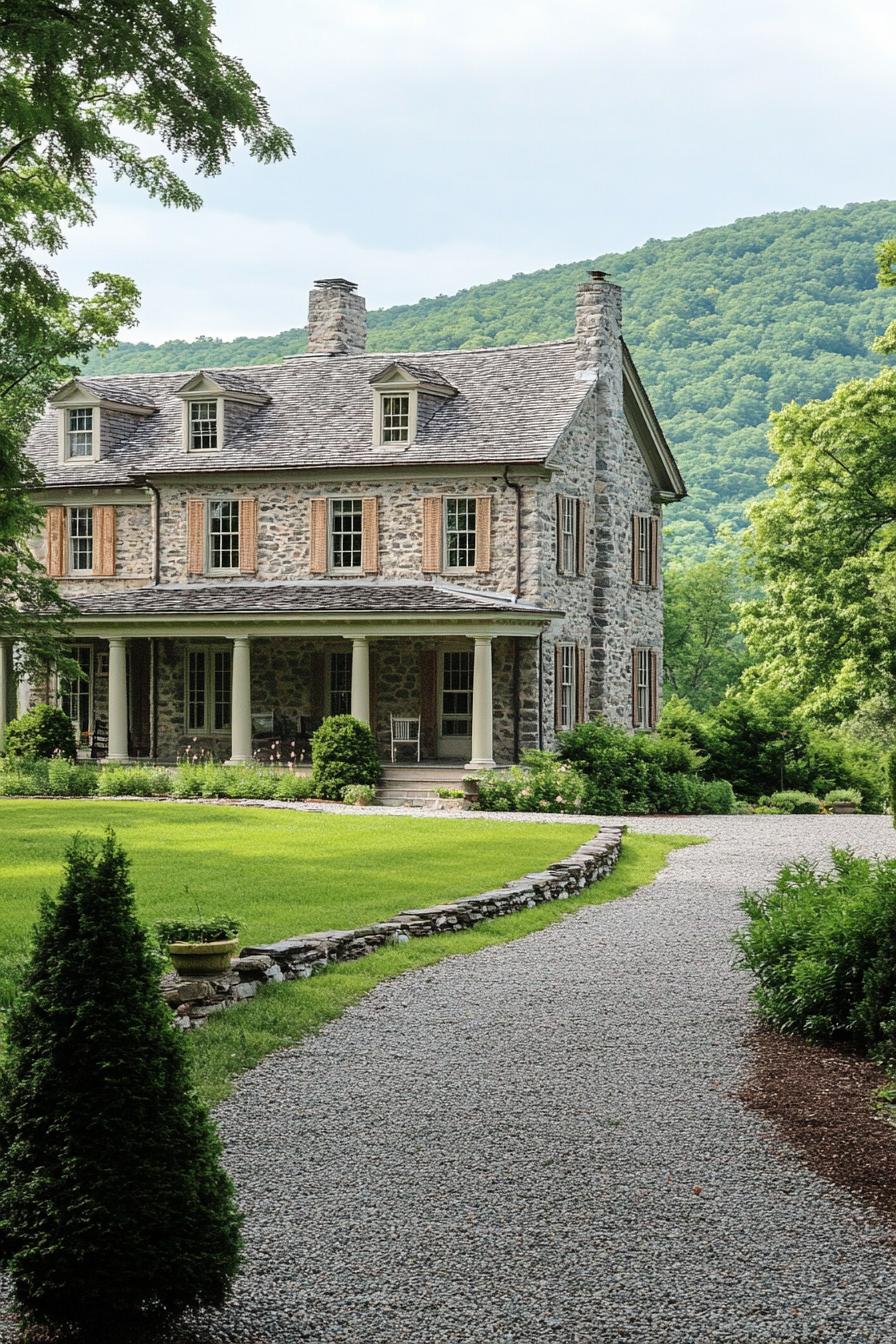 Grand stone house with pitched roof and columned porch