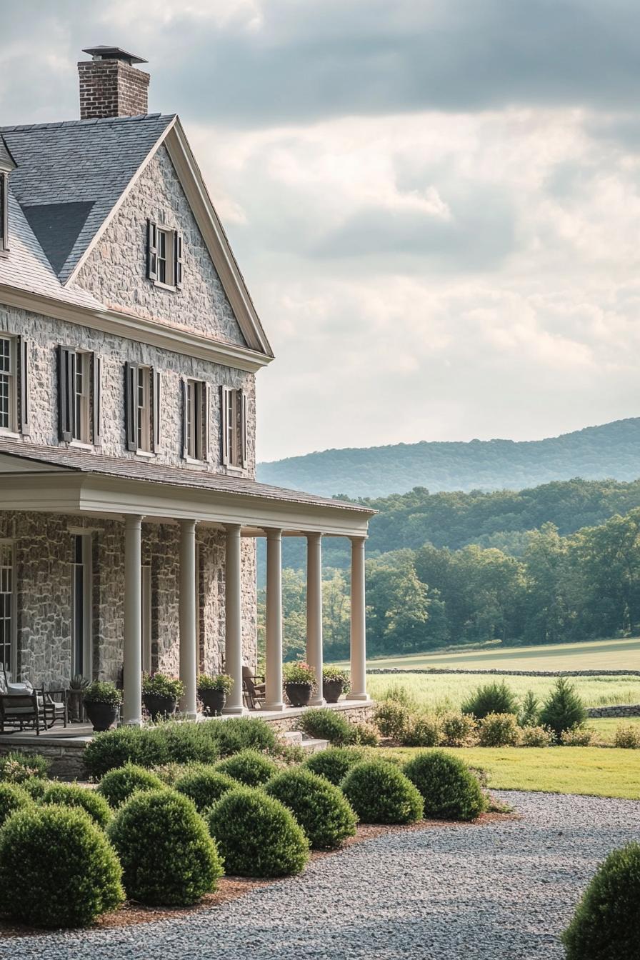 Stone house with columns and distant hills