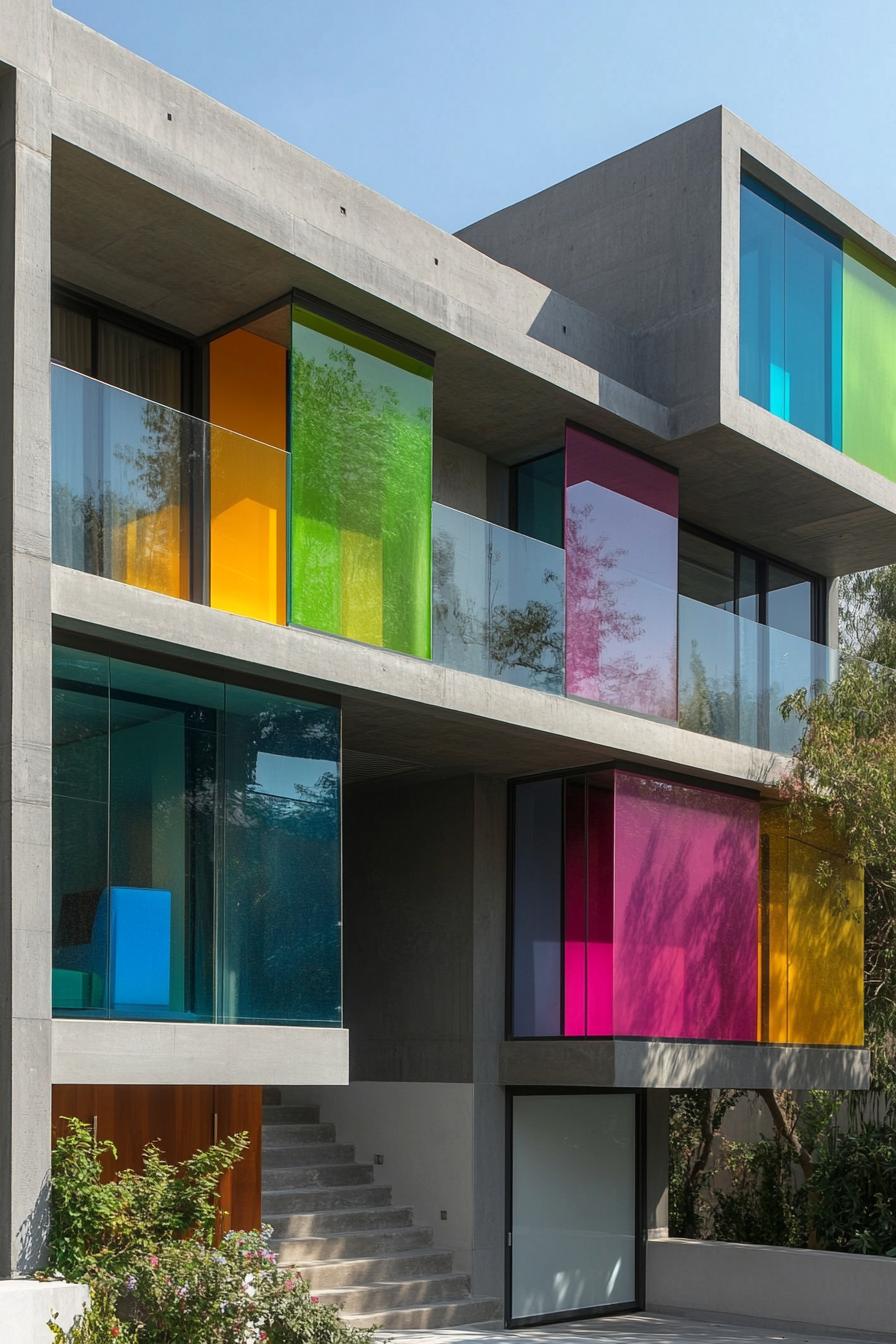 Modern house with vibrant, colored glass panels