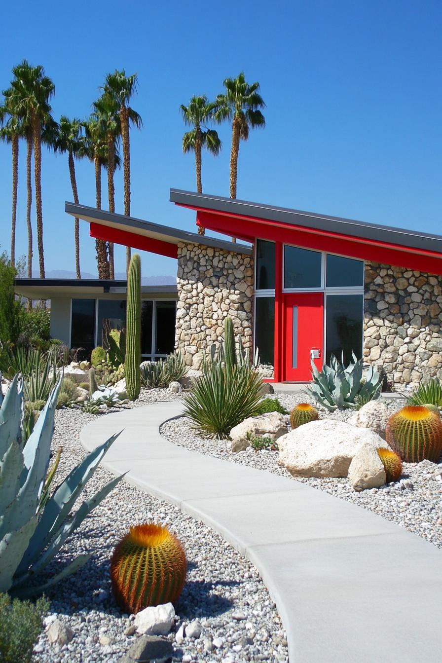 Modern mid-century house with striking red accents and desert landscaping