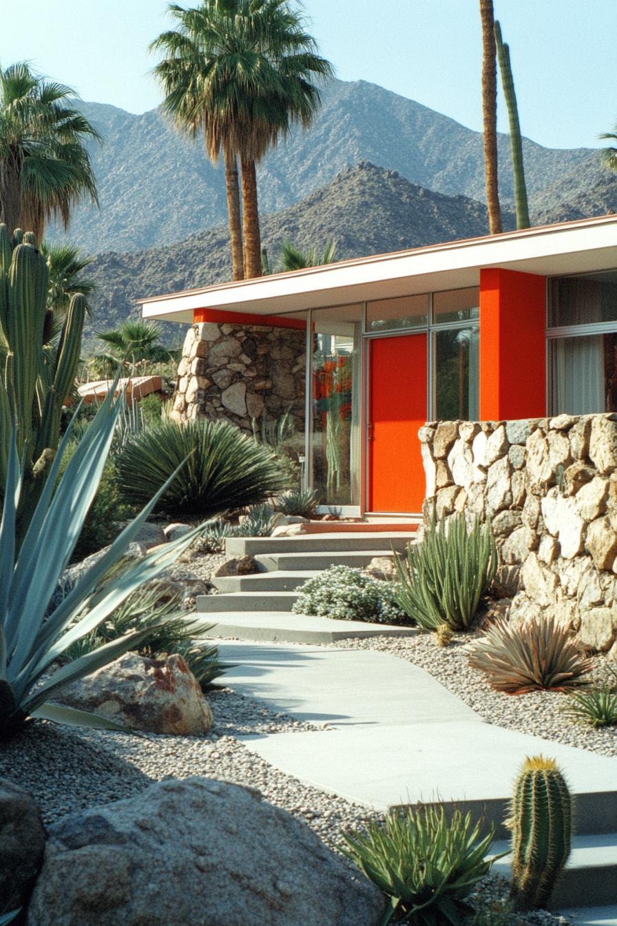 Bright orange door on a mid-century modern home surrounded by desert plants