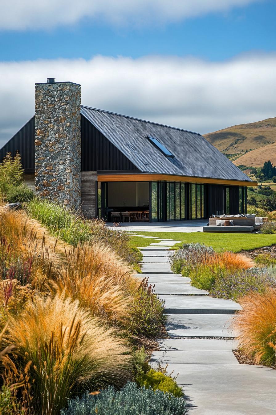 Modern farmhouse with stone chimney and large windows