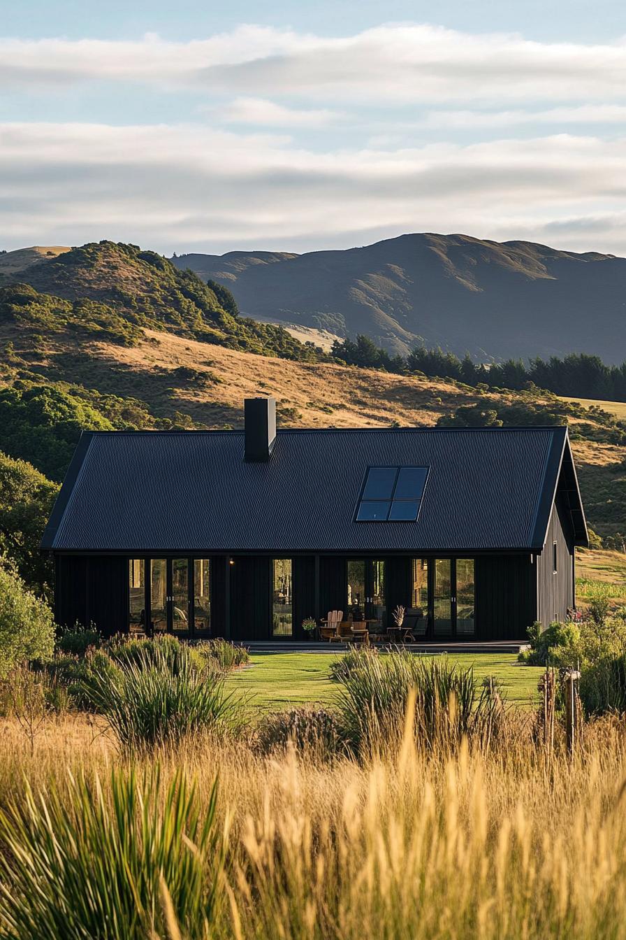 Modern farmhouse with black exterior surrounded by rolling hills