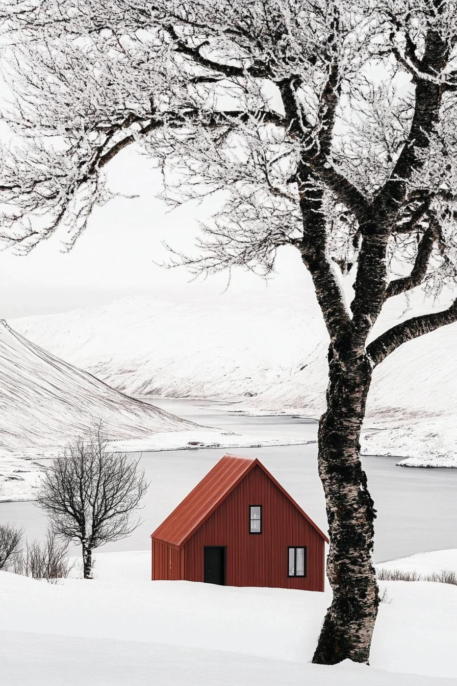 Red metal cabin in a snowy landscape with a tree and a lake behind