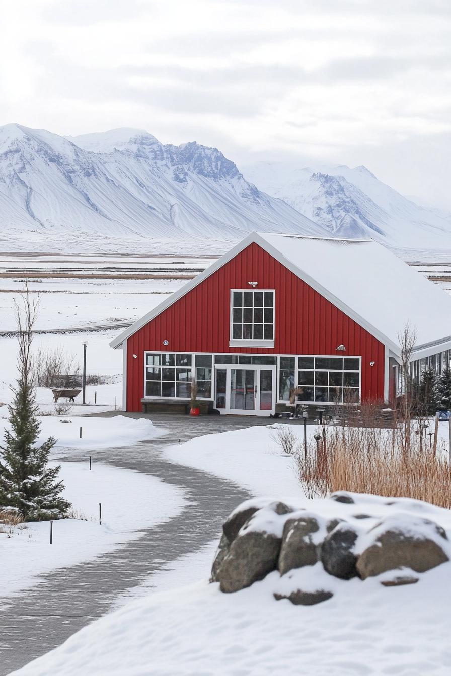 Red barn-style metal house with snowy mountains in the background