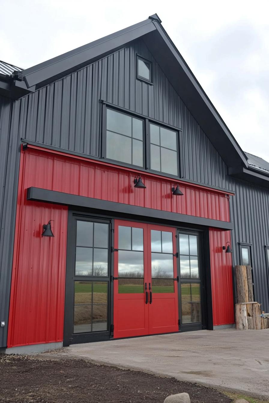 Vibrant red doors on a sleek steel building