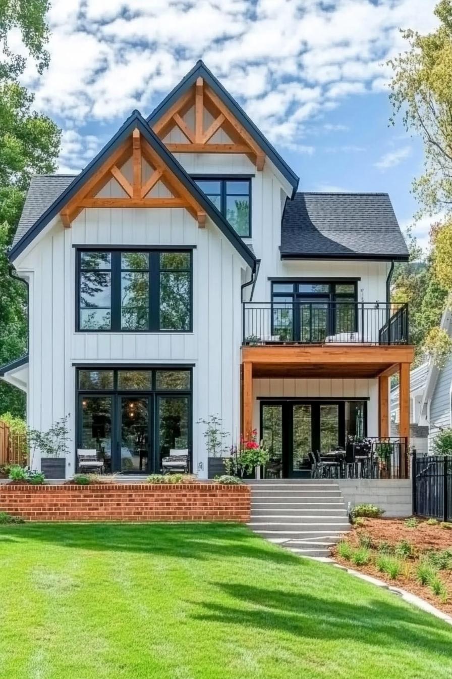 White home with dark window frames and timber accents