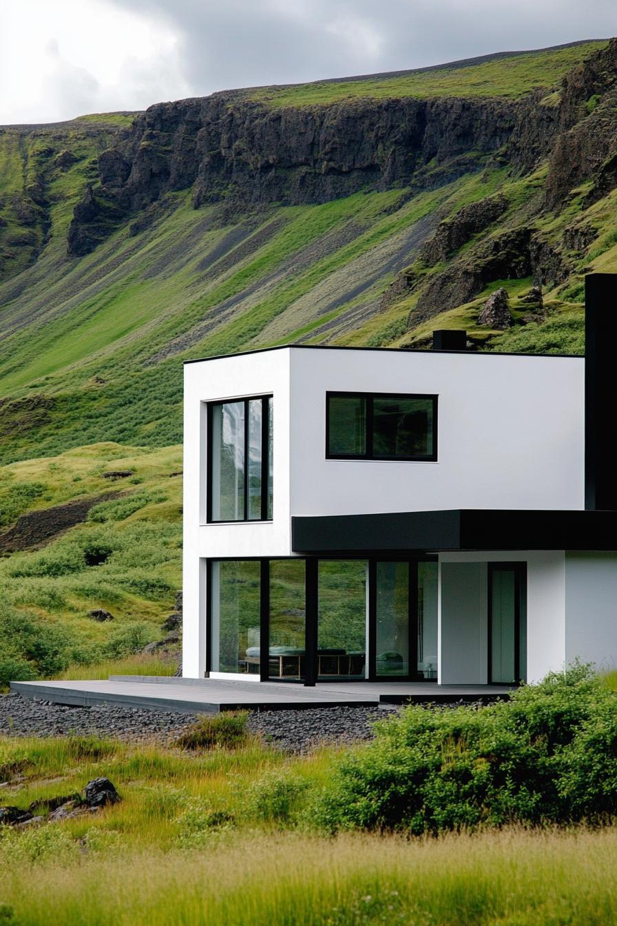 Modern flat roof house nestled by grassy hillside