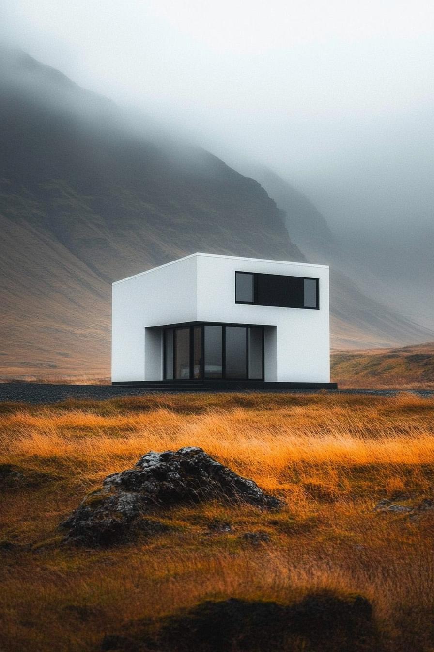 Flat roof house in a misty landscape with golden grass