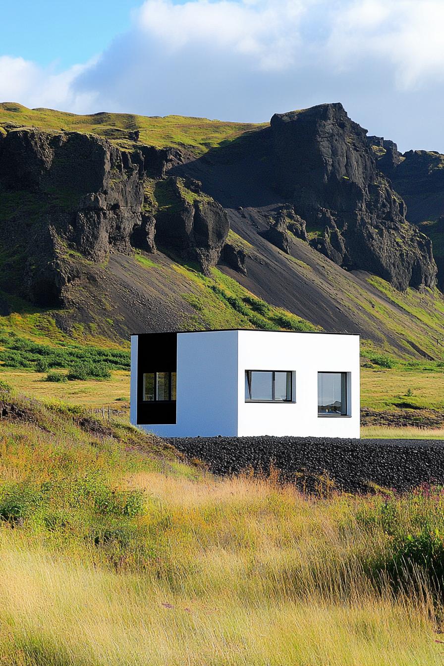 Modern white box house near rocky hills and grassy field