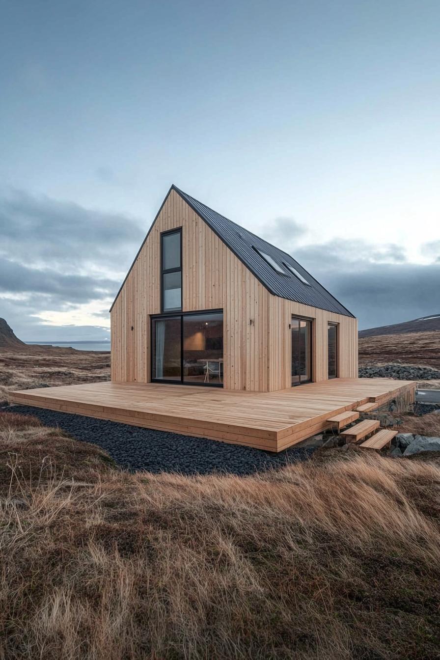 Wood-clad house with A-frame roof and spacious deck