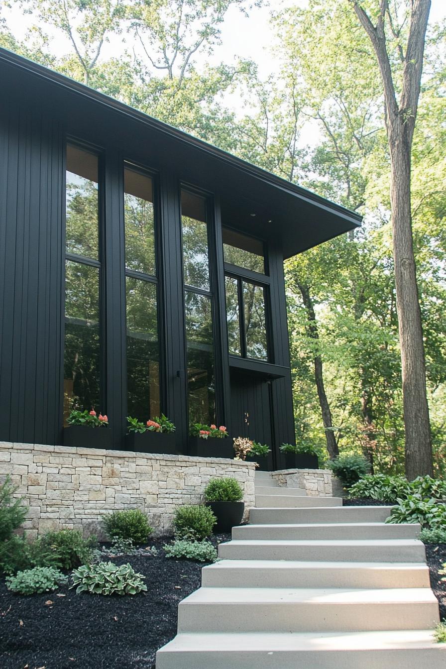 Modern split level house amidst trees with large windows and stone accents