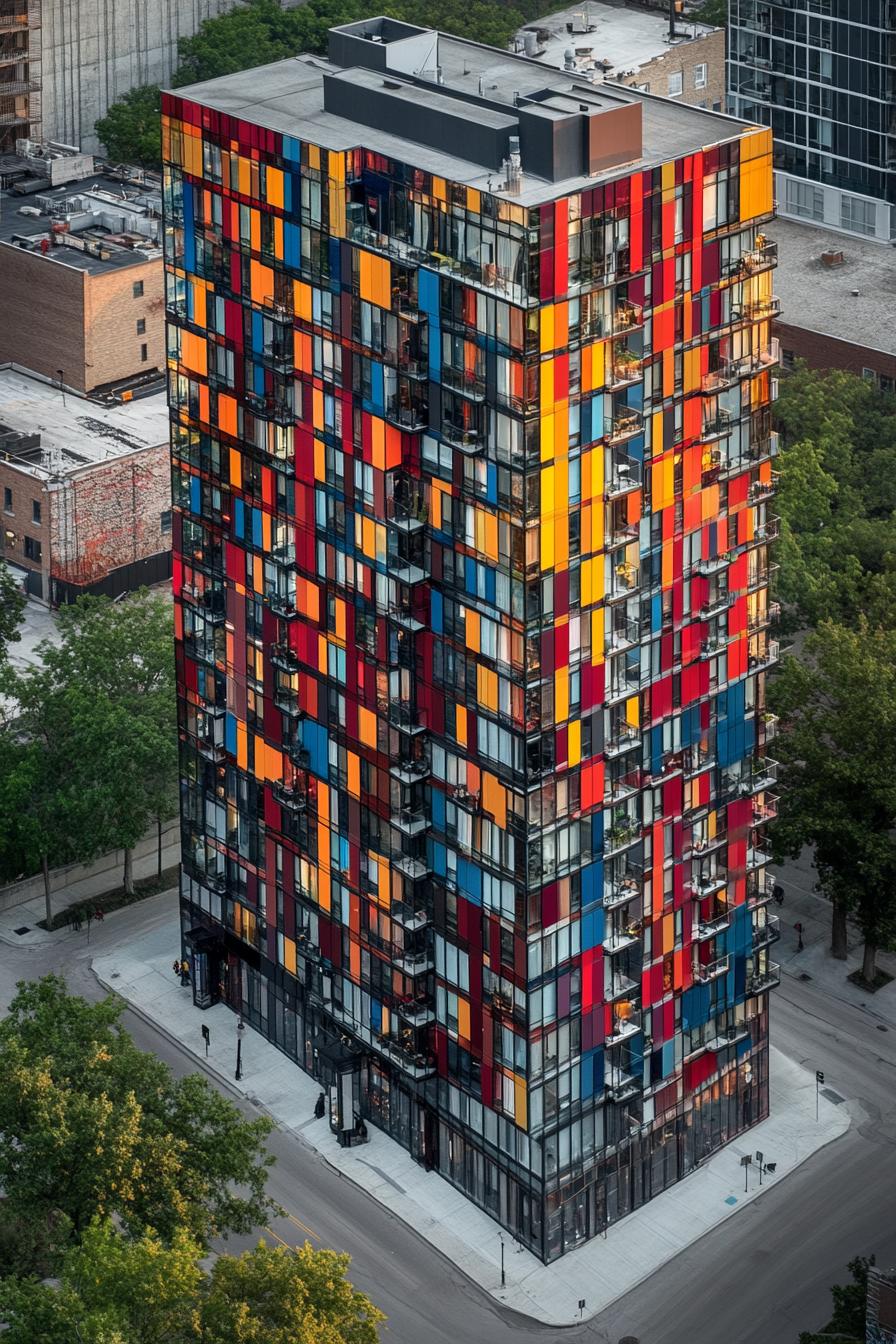 Colorful high-rise building with multicolored panels